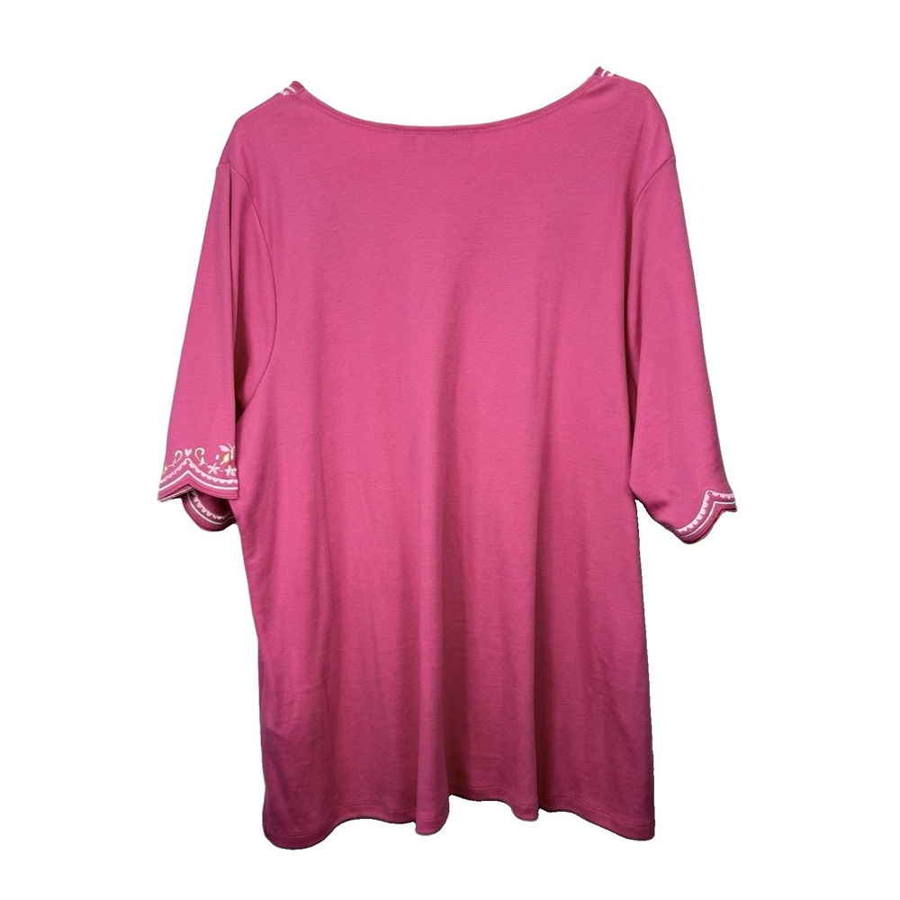 Quacker Factory Pink Floral Rhinestone Short Sleeve Scalloped Knit Top Size 2X - Picture 7 of 11